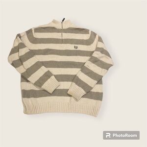 CHAPS Men's 1/4 Zip Jacket Beige Tan Striped Logo Size Large 100% Cotton